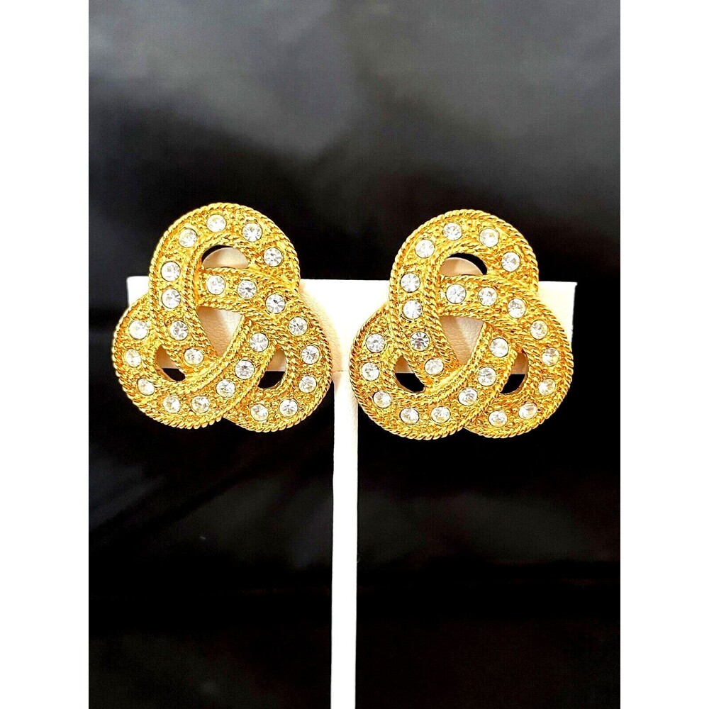 Vintage 1980s Avon Clip On Earrings Gold Tone Crystal Knot Design - 12S